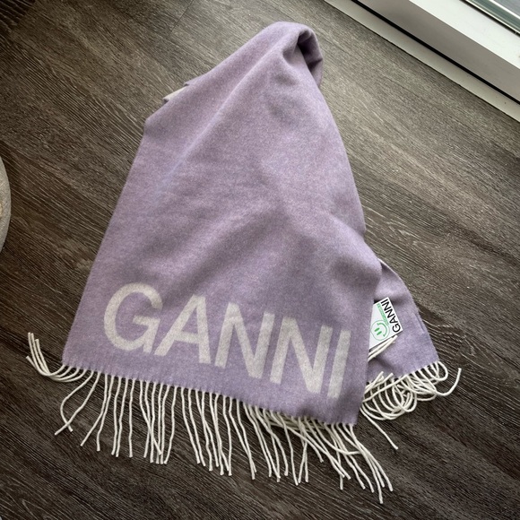 Ganni Accessories - NWT Ganni Logo Intarsia Wool Fringed Scarf Light Purple Made in Italy Lavender